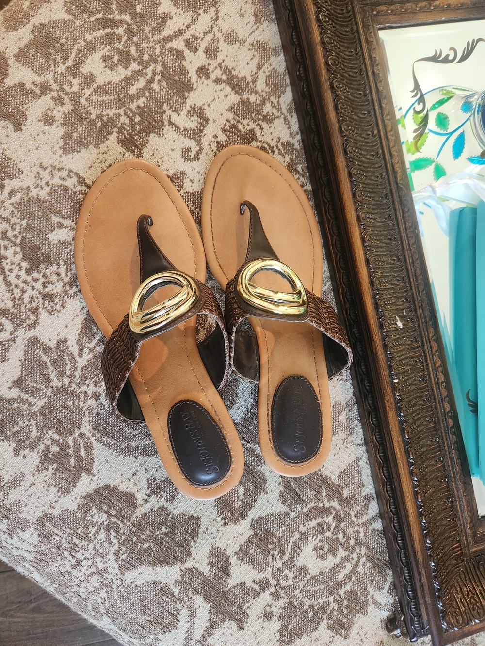 St. John's Bay Brown Metallic Thong Sandals with Gold Ring